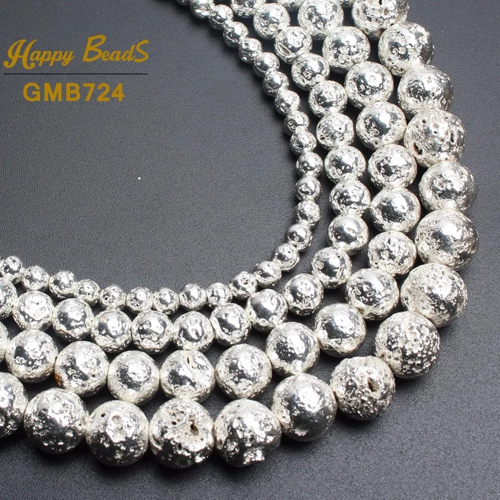 Natural Stone Beads Lava Hematite Rose Gold Black Silver Plated Round Loose Bead For Jewelry Making 15\