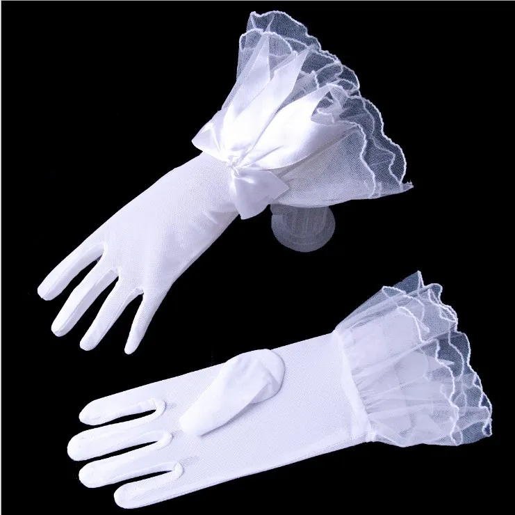 Guantes de novia de color blanco marfil, guantes cortos de encaje, elegantes, baratos, accesorios de fiesta de boda, longitud de muñeca negra y roja