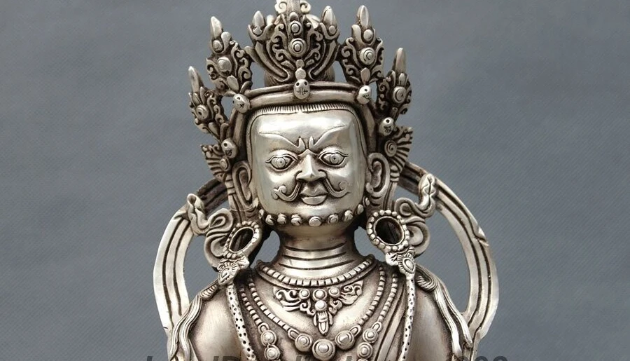 12 Tibetan Buddhism Yellow Jambhala Buddha White Copper Silver Mammon Statue