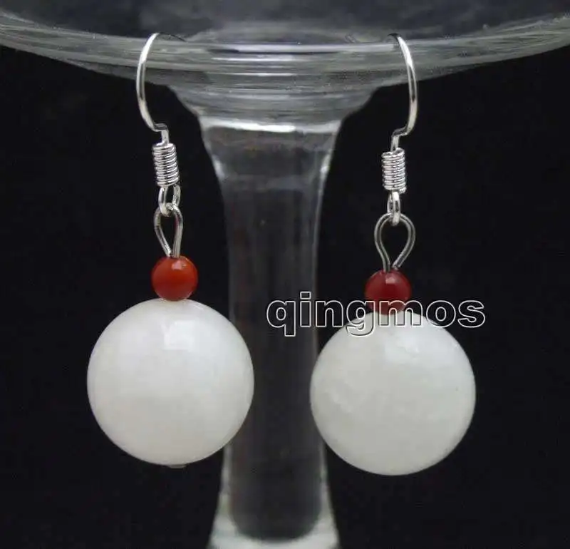 Big 14mm Natural White Round High Quality Moonstone and 3-4mm Red Coral earring-ear691 wholesale/retail Free shipping