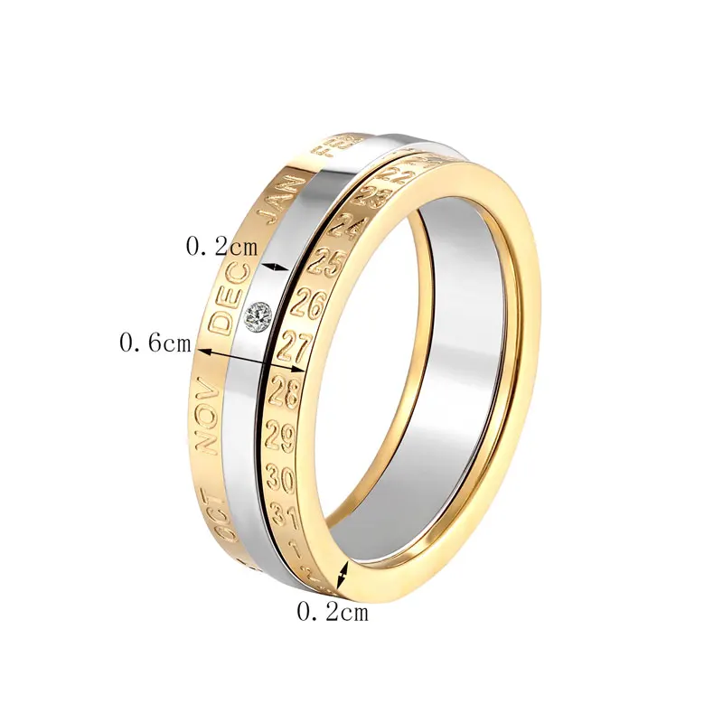 New Rotatable Month And Date Crystal Ring For Women Top Quality Stainless Steel Gold And Silver Color Ring Wedding Jewelry