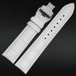 16mm 18mm 19mm 20mm 21mm 22mm Ladies Mens White Genuine Leather Watch Band Strap Silver Butterfly Stainless Steel Clasp Buckle