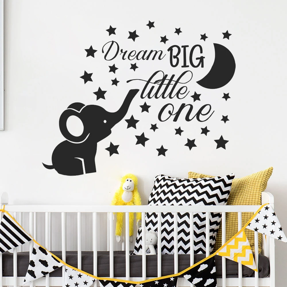 Elephant Nursery Wall Decal Baby Boy Room Decor Dream Big Little One Quote Wall Vinyl Stickers Moon and Stars Decals Kids D885