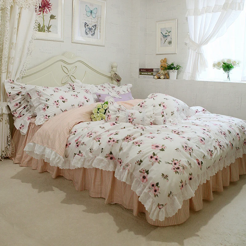 LAURA Bayta Europe American Floral Embroidery Ruffle Pastoral Cotton Bedding Sets King Queen Twin Full Size DuvetCover BedSkirt