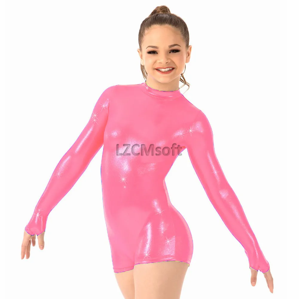 Child High Neck Long Sleeve Shorty Unitard with Thumbhole Girls Metallic Biketards Kids Dance Leotard Stage Performance Costumes