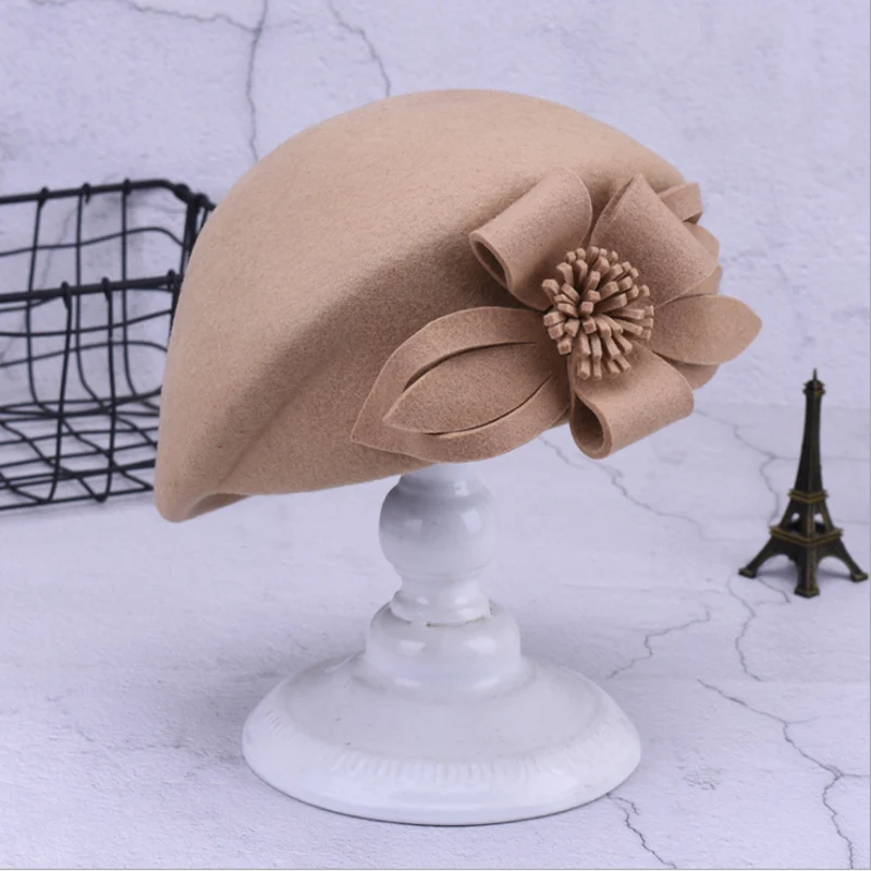 2023 NEW Autumn And Winter 100% Wool Berets Women Winter Felt Hats Lady French Beret Fashion Flower Wool Beret Caps