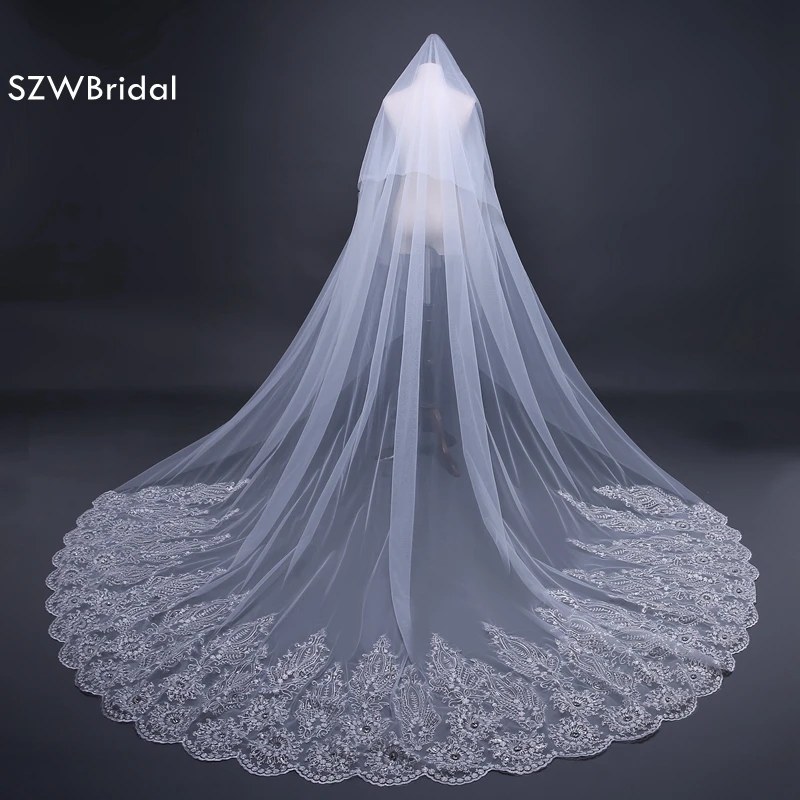 Wholesale 3 Meter wedding accessories White Ivory Veu de noiva Lace Appliques Beaded bridal veil velo de novia Brautschleier