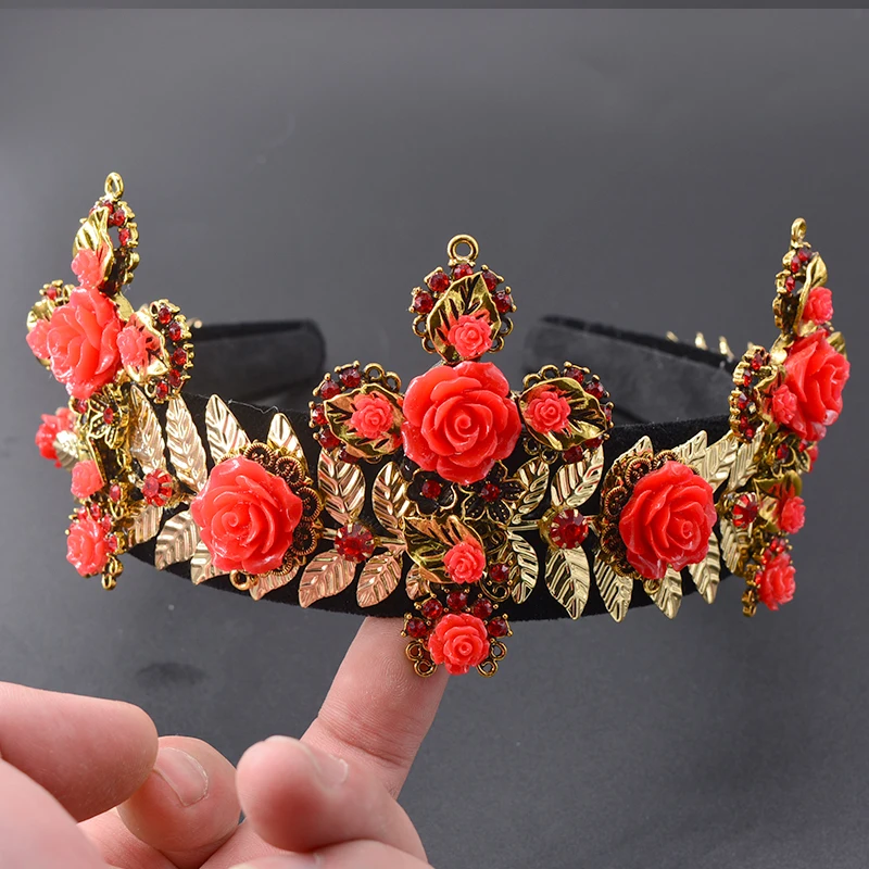 Bride Tiaras Baroque Cross Crown Red Rhinestone Bead Hair Bands Crystal Velvet Wide Headband for Women Party Wedding Hair Jewel