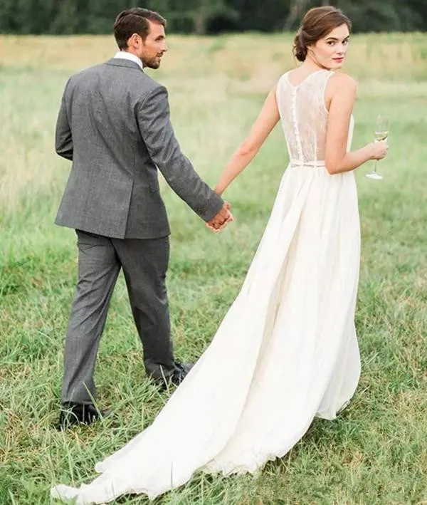 Vestidos de Novia de playa, línea A Simple, cuello transparente, sin mangas, gasa de encaje hasta el suelo, Vestidos de Novia de campo