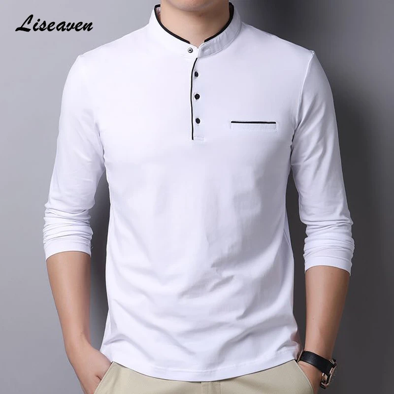 Liseaven T Shirt Men Full Sleeve Mandarin Collar T-Shirts Tops&Tees Men Long Shirt Solid Color Men Clothing