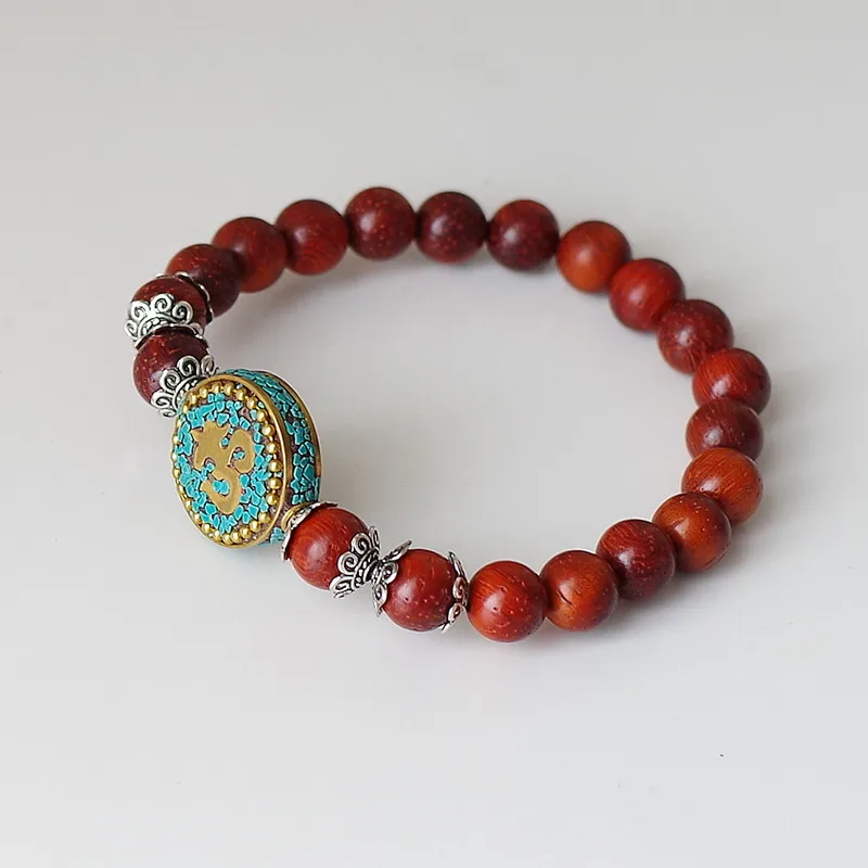 Red Wood Beads Strand Charm Chakra Mala Bracelet Lucky Prayer Tibetan Buddhist Scripture OM Mala Bracelet for Women Men