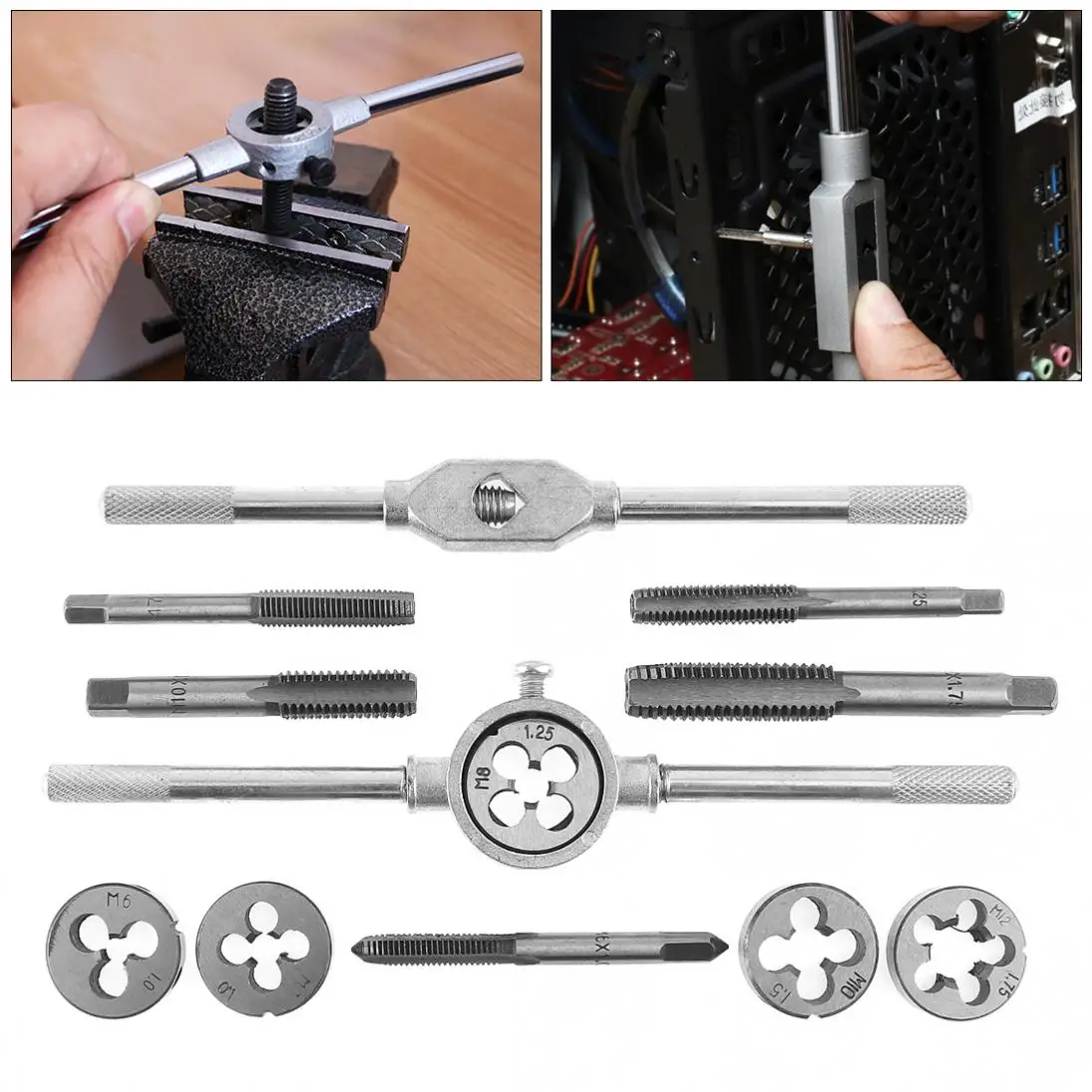 

12pcs/set Multifunction NC Screw Tap & Die External Thread Cutting Tapping Hand Tool Kit with M6 / M7 / M8 / M10 / M12 Taps