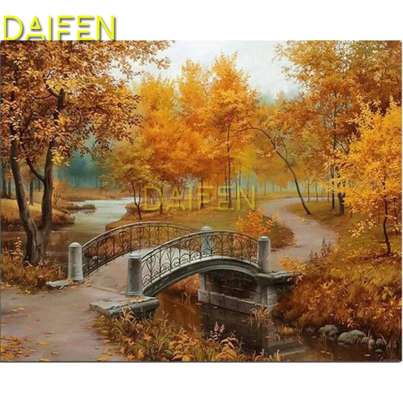 5D DIY Diamond painting Full Round Diamond mosaic Full Square Diamond embroidery Cross stitch golden fallen autumn bridge river