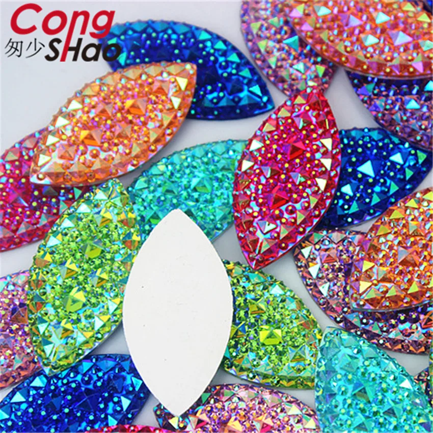 Cong Shao 30pcs 20*40mm AB Color Marquise Shape Resin Rhinestones Crystal Flatback Buttons Beads For Crafts Accessories CS522