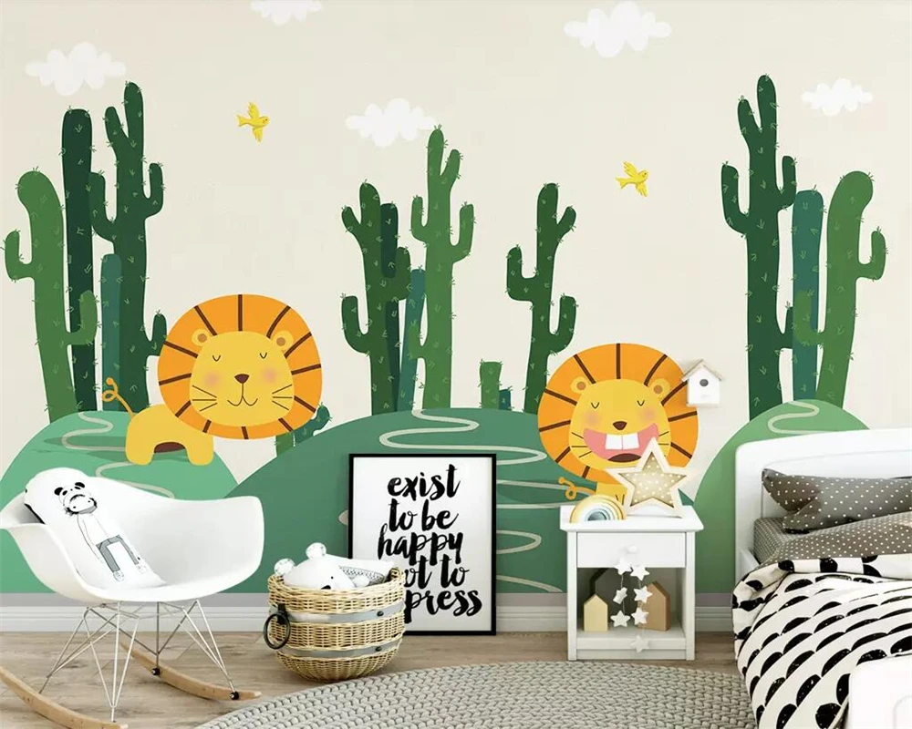 

Beibehang Custom wallpaper hand-painted cartoon cactus lion children's room background wall living room bedroom 3d wallpaper