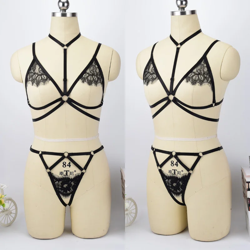 

Women Sexy Harness Bra+Garter Belt Bondage Lingerie Body Harness Fetish Wear Gothic Body Cage Gothic Rave Leg Stockings Belt