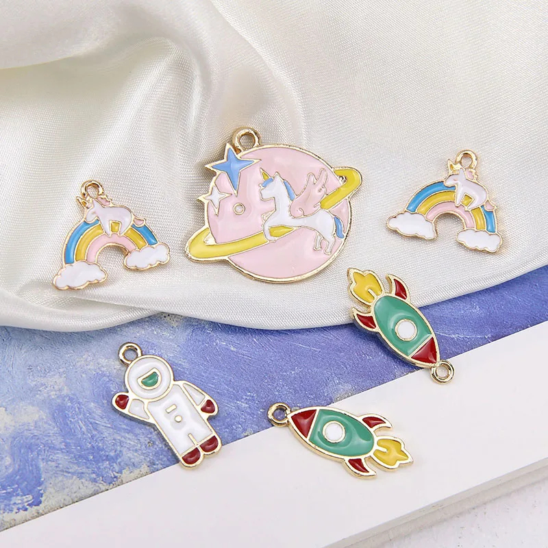 40pcs/lot enamel alloy drop oil animals decoration cartoon Satellite rocket astronaut rainbow shape floating lcoekt charms