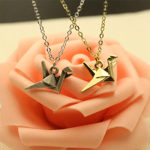 

lanseis10pc women Sweet Korean style Origami Necklace Animal Crane Jewelry Bird Necklace Pendant Charm Handmade jewelry