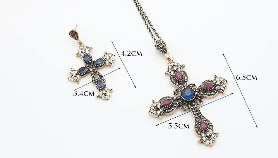 Vintage Turkish Flower Cross Jewelry Set Religious Antique Gold Color Jewelry Sets Cross Necklace Earrings Bridal Jewelry Sets