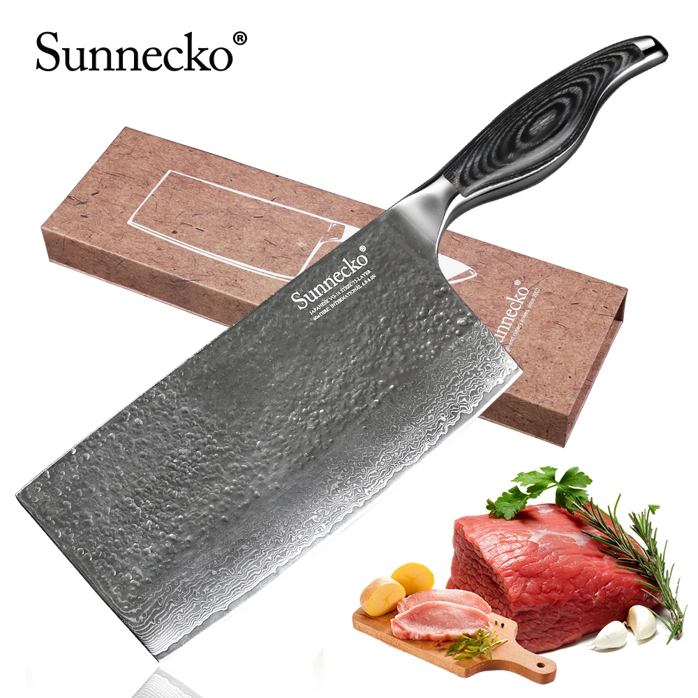 

SUNNECKO Damascus Steel 7'' Chopping Cleaver Knife 73 Layers VG10 Sharp Butcher Serbian Style Gift Box Cutting Mincing Tool