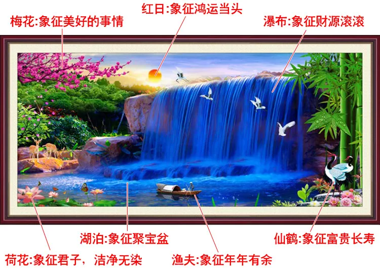 160x80cm Needlework,DIY Set For Full Embroidery kit,Sunset Blue Waterfall Bird Counted Cross-Stitch Scenic Paint Wall Home Decor