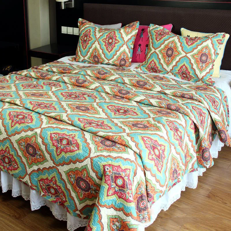 

Vintage Print Quilt Set 3PCS Bedding Wash Cotton Quilt Bed Cover Aircondition Bedspread Pillowcase King Size Coverlet
