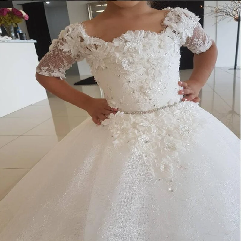 Elegant Flower Girl Dresses Lace Applique Half sleeve Tulle O-Neck Girls First Communion Dress For Ceremony Birthday Party Dress