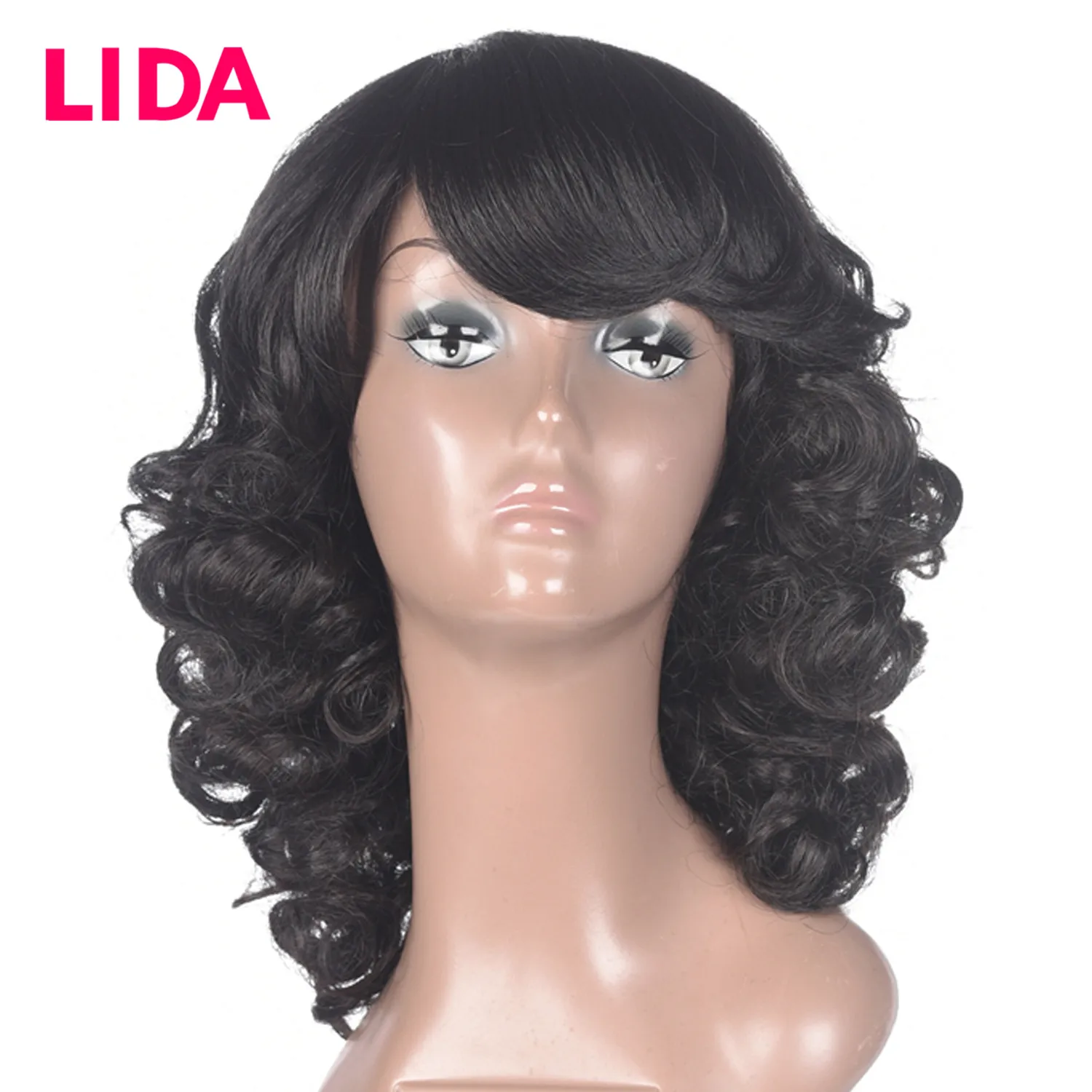 LIDA – perruque malaisienne Non Remy, cheveux naturels bouclés, haute densité 150%, longueur moyenne 12 pouces, fabriqués à la Machine