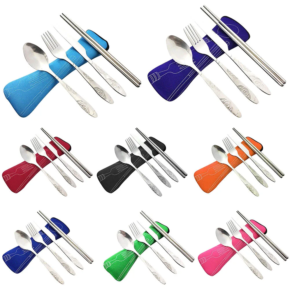 Wholesale Stainless Steel Fork Spoon Chopsticks with Pocket Bag Outdoor Sports Camping Picnic Tableware Cutlery Set Party