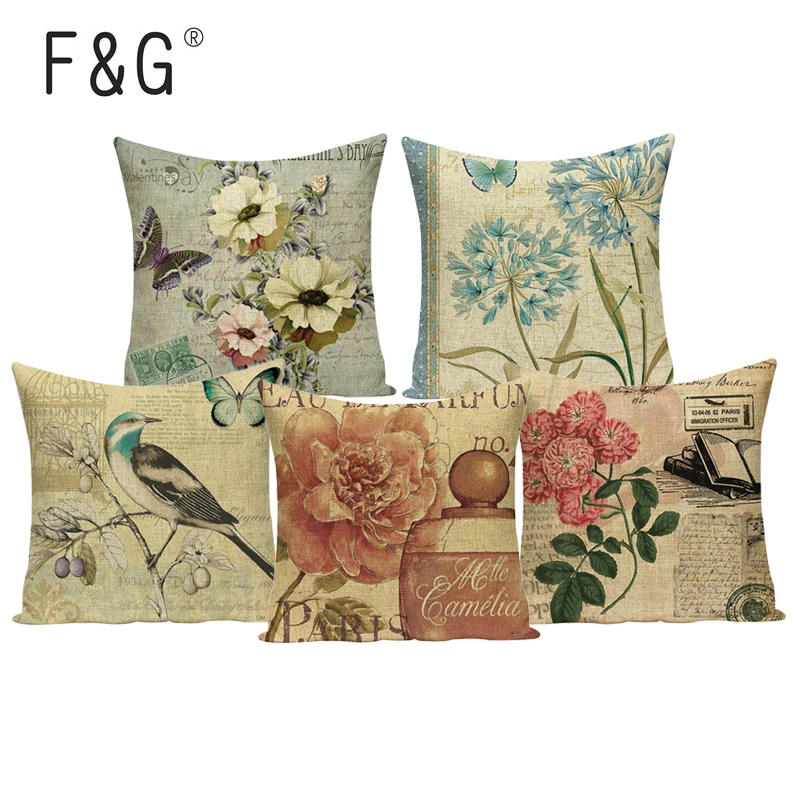 Vintage Plant Flower Pillow Cover Pink Decoration Home Car Seat Cheap Throw Pillows Linen Print Sofa Seat Cushion Cover