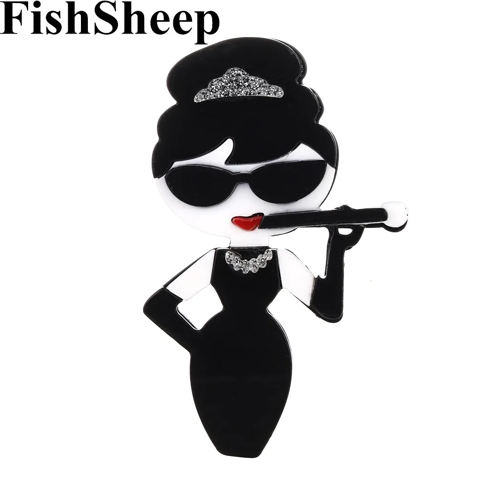 FishSheep Celebrity Hepburn Women Figure Acrylic Brooches Lovely Resin Cigarette Holder Tobacco Pipe Brooch Clothes Pins Jewelry