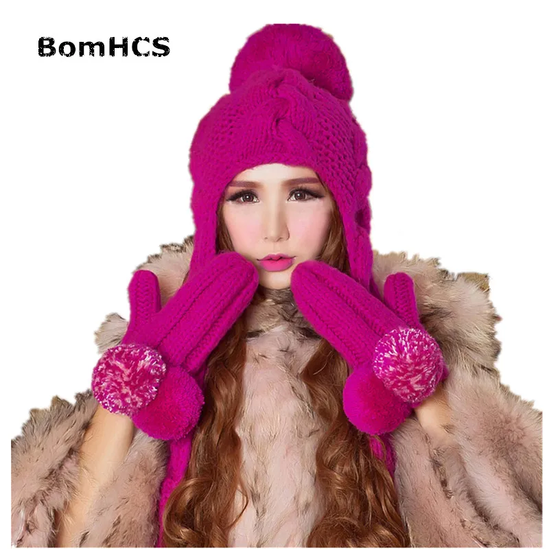 BomHCS Large Warm Winter Scarf Beanie & Gloves (2PCS)100% Handmade Women's Beautiful Rose Knit Neckerchief Hat Mittens Gift