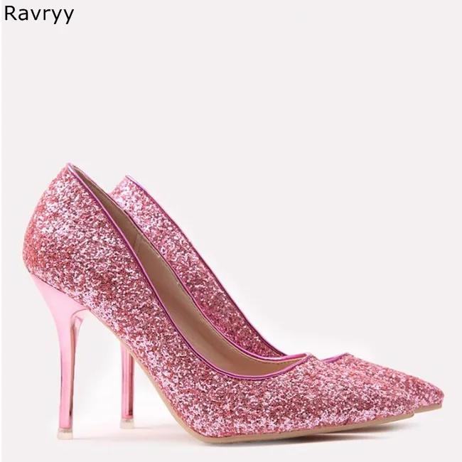 Bride wedding dress shoes 9cm Pink rose woman high heels slip-on female pumps bling bling paillette stiletto bridesmaid heels