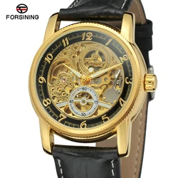 Fashion Forsining Hollow Engraving Skeleton Casual Designer Black Golden Case Gear Bezel  Men Luxury Brand Automatic Wrist Watch