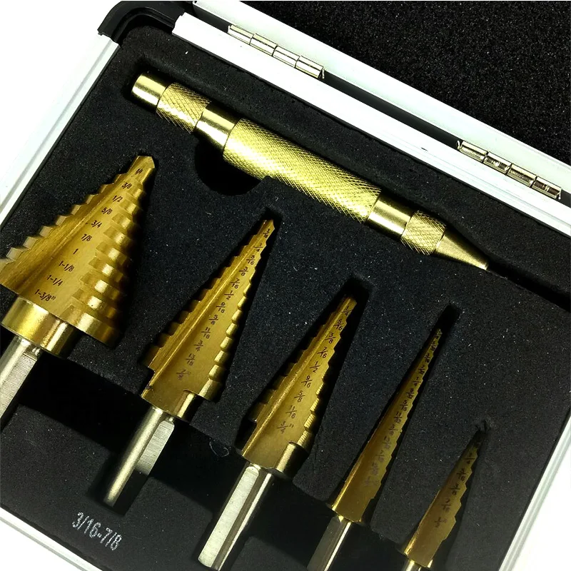 HSS 4241 5pcs Stepped drill with English-made trough Pagoda drill Stair Drill Belt Center Punching Set NO.B1378