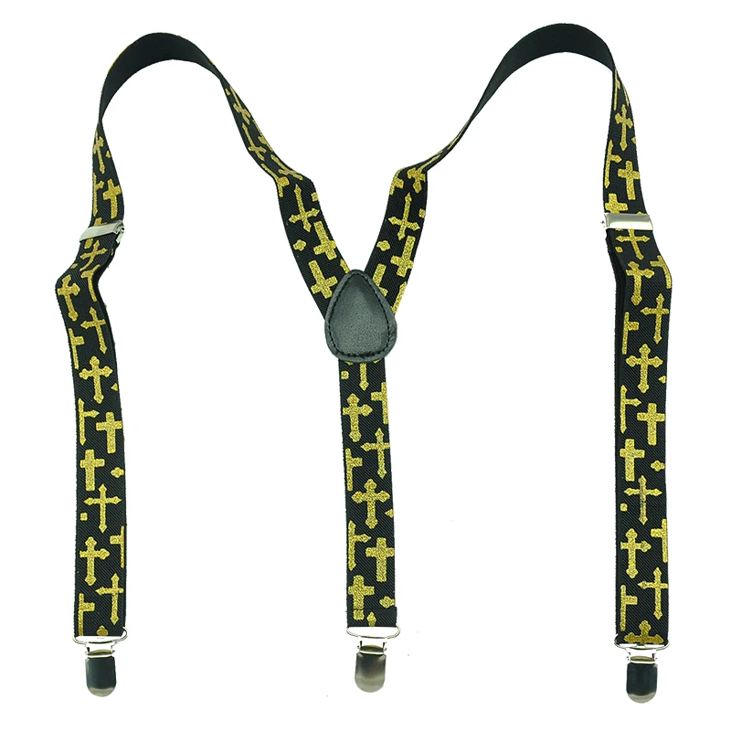 Novo 2.5cm/1 polegada de largura "ouro brilhante jesus/cruz" padrão suspender unissex clip-on suspensórios elásticos finos/galus