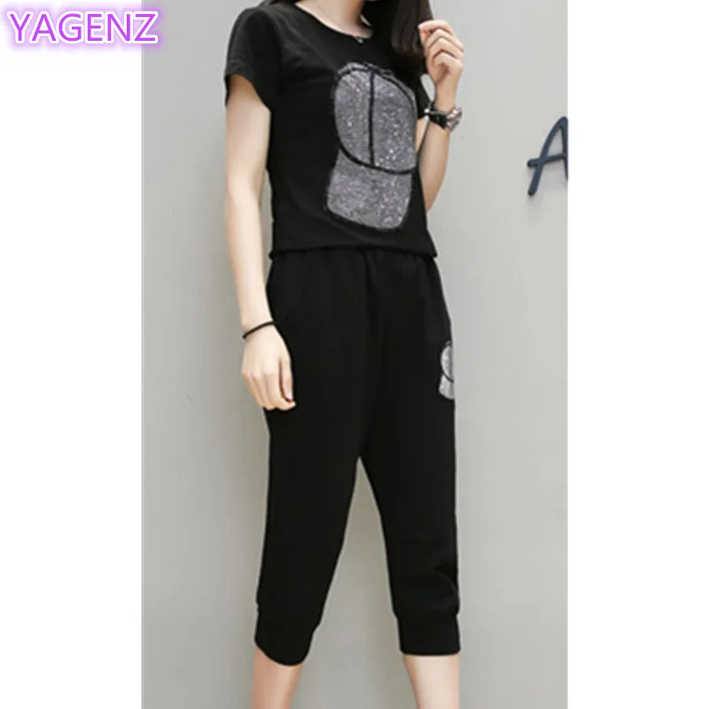 Uhytgf lose Größe zweiteiliges Set Damen Trainings anzug Set Sommer Tops für Damen lässig dünne Sportswear Diamant Hut Top Hose