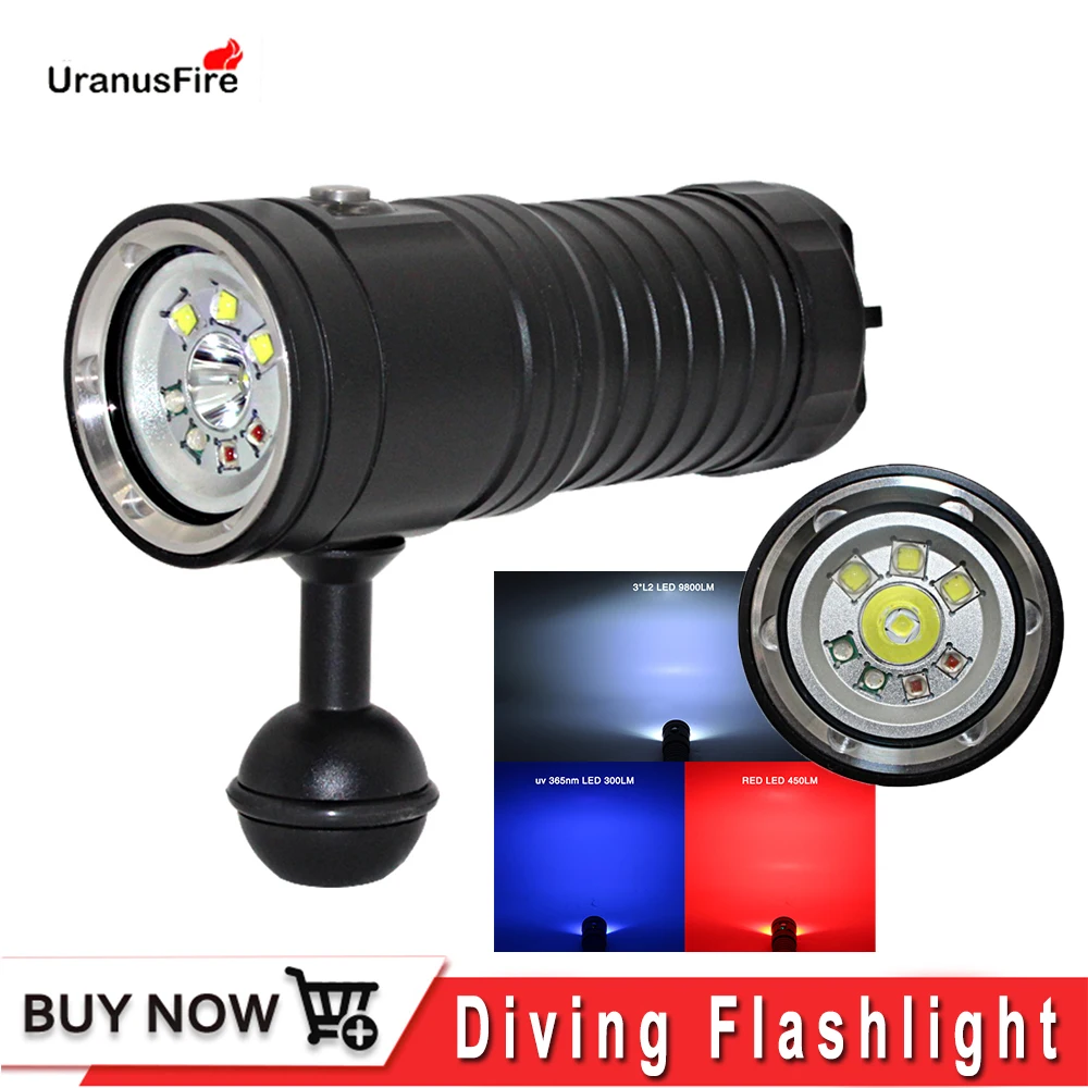 Uranusfire LED Flashlight photo lantern for photographer XM L2 UV red underwater video lihgt lamp Diving Torch 32650 led Torch