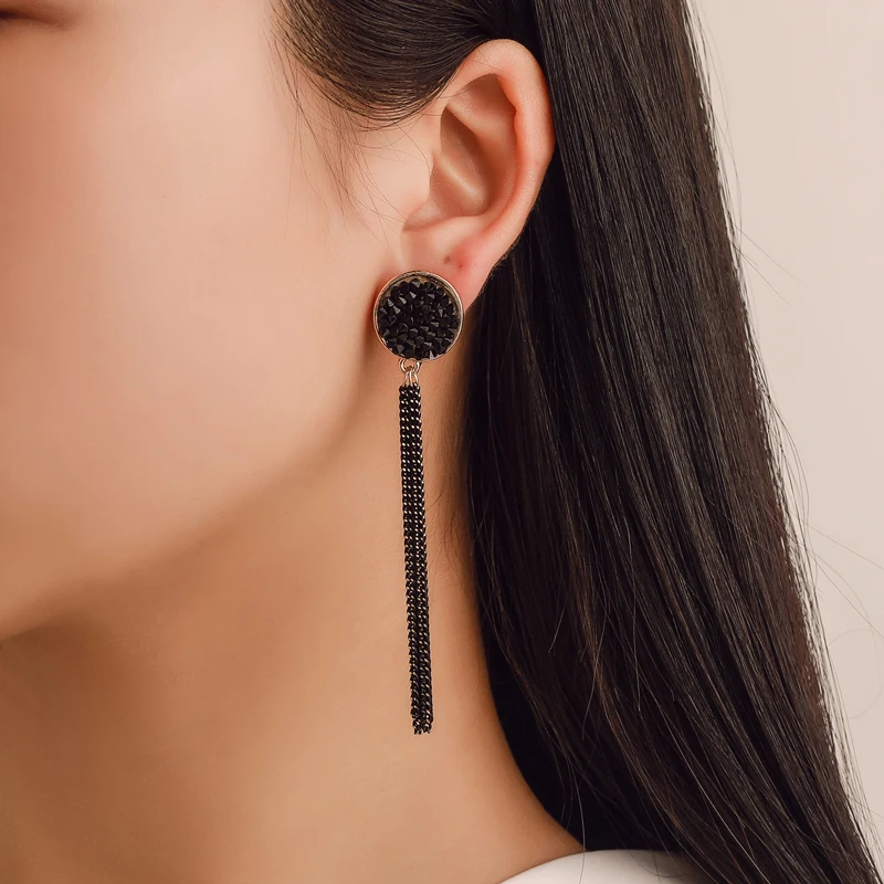 Women Golden Alloy Black Round Long Tassel Eardrops Simple Dangle Drop Earrings