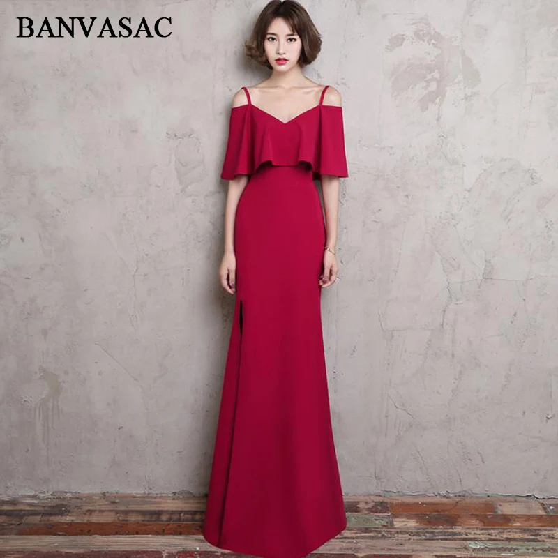 BANVASAC V Neck Spaghetti pasek Split syrenka długie suknie wieczorowe Party z krótkim rękawem Backless suknie na bal maturalny