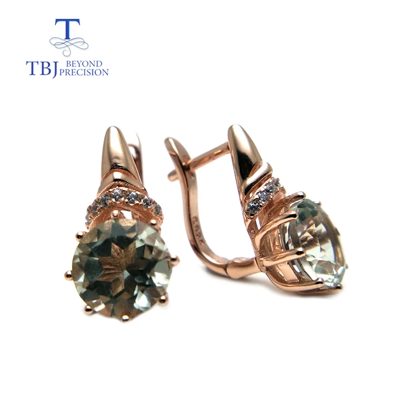 

TBJ,Natural good luster color green amethyst gemstone clasp earring 925 sterling silver rose gold fine jewelry for girls gift