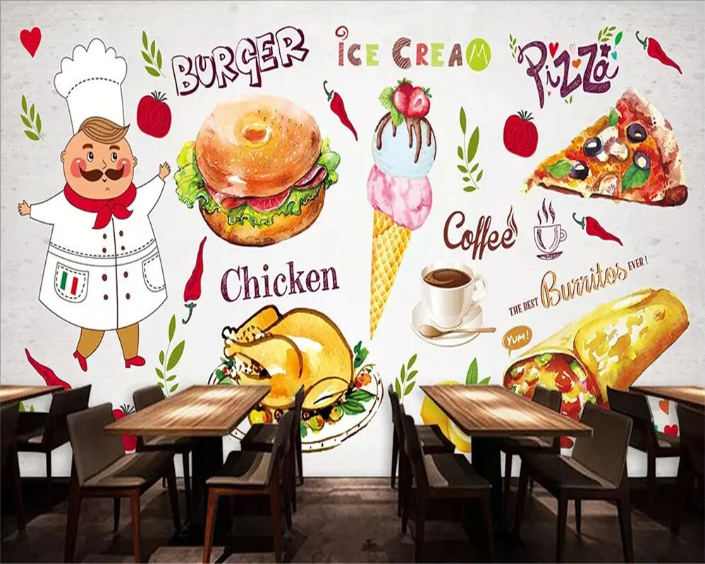 

Beibehang Custom wallpaper photo HD hand-painted Western restaurant background wall burger pizza shop decoration 3d wallpaper