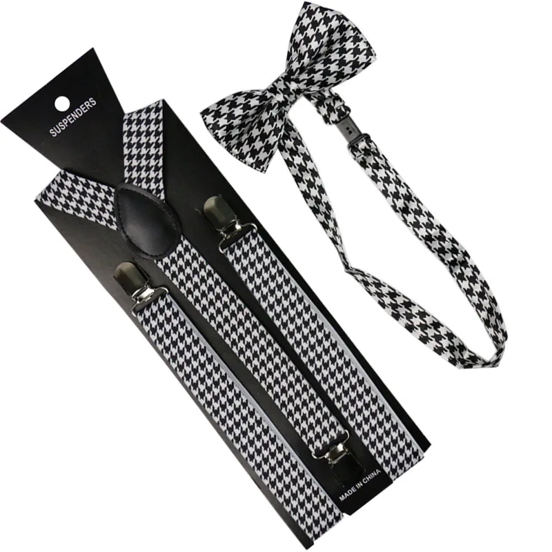 คุณภาพสูง 2.5 ซม. กว้างสีดำสีขาว Houndstooth Men สตรี Suspenders Bow Tie ชุดยืดหยุ่นและ Bowtie เสื้อ brac