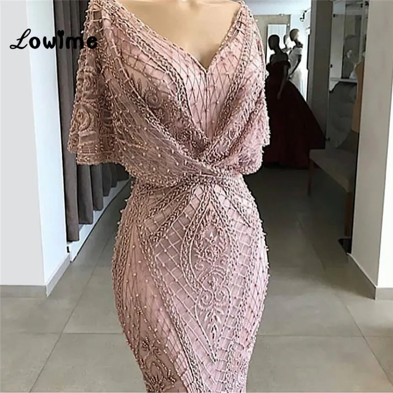 2018 New Elegant Formal Beaded Dress Arabic Evening Dresses Dubai Turkish Muslim Abiye V Neck Wedding Party Gown Robe De Soiree