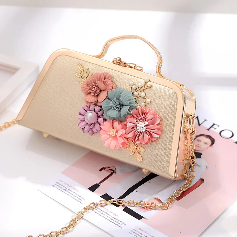 Fashion Women Evening Bag Flower Beaded Small Clutch Evening Bag With Chain Shoulder Handbags Leather Metal Handbag A786