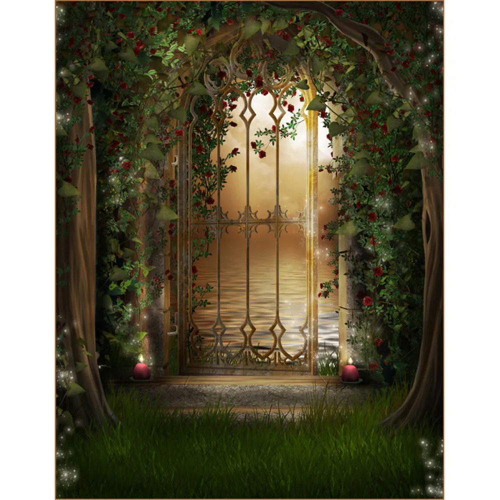 

Arched Iron Gate Fairy Tale Forest Backdrop Photography Printed Red Roses Vines Moonlight River Kids Children Photo Backgrounds