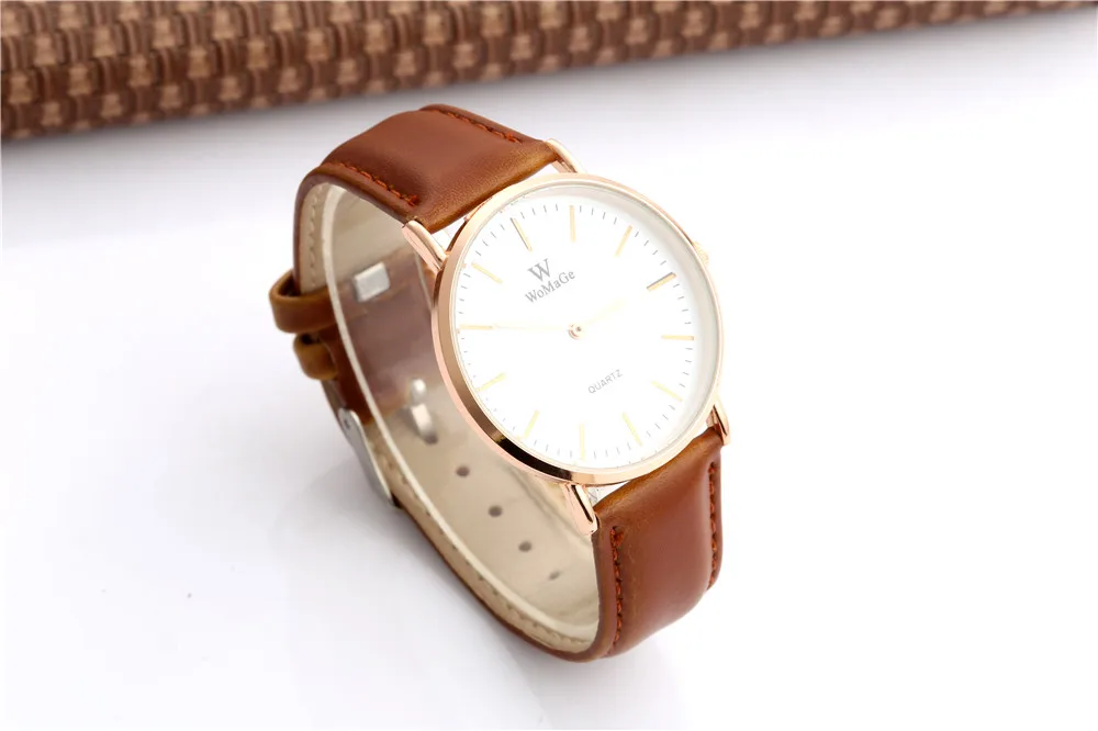 Womage Fashion Casual Watch Simple Style Gold Case Leather Strap Quartz Watch Women Men Hour Unisex Wristwatch Hot Sale Relojes