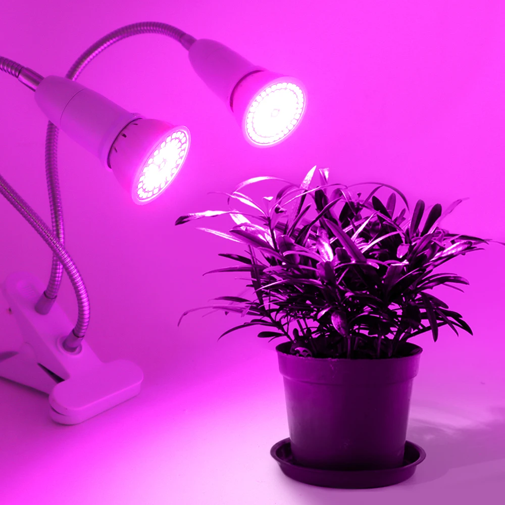 E27 LED Plant Growing Lamp Bulb 110V 220V Flexible Two Head Clip Grow Lamp 60 80LEDs Base Hydroponic Growth Lights Full Spectrum