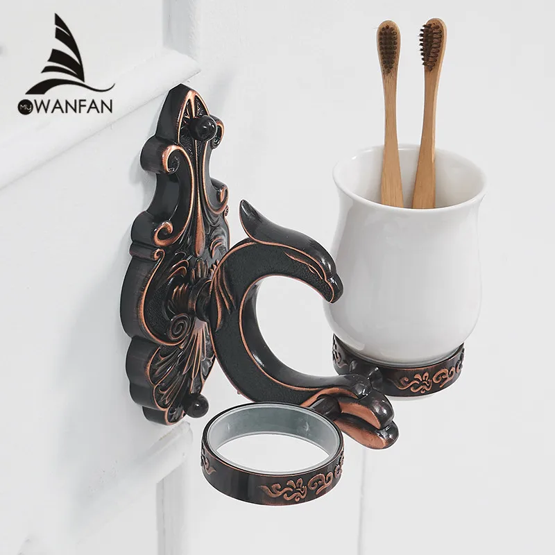 Cup & Tumbler Holders Brass Bathroom Toothbrush Holder Black Double Ceramic Cups Wall Mount Luxury Bathroom Accessories WF-88803