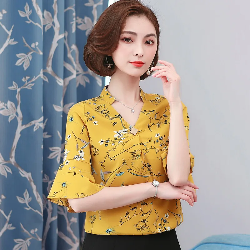 Zomer Flare Mouw Chiffon Overhemd Vrouwen V-kraag Half Mouw Blouses Vrouwelijke Print Office Dames Werk Casual Top Kleding h9029